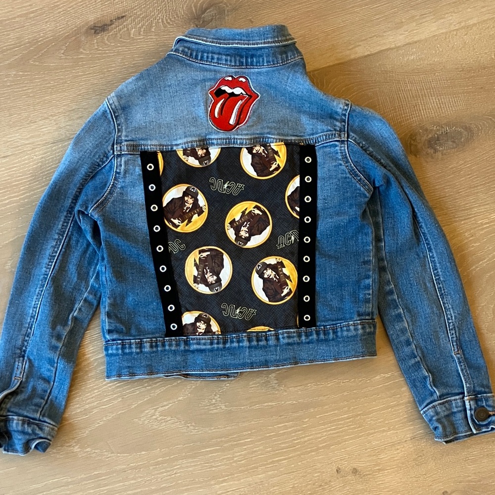 Rare CUSTOM AC/DC Rolling Stones Kids Blue Denim Jacket with Graphic Patch